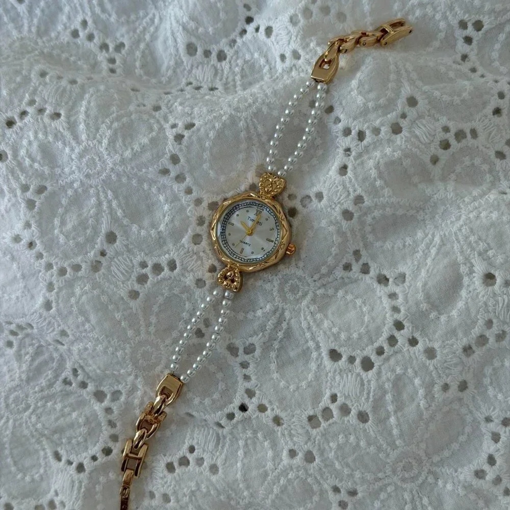 Sku0491 Retro Gold White Pearl Women Fashion Round Watch Bracelet +‎ gift bag